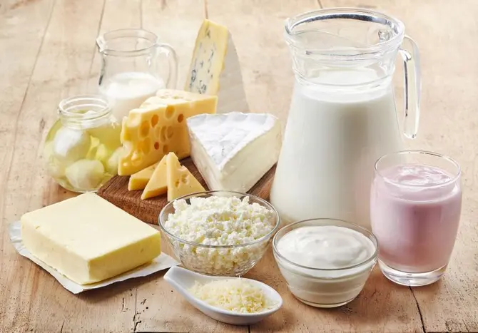 Various fresh dairy products on wooden background - Various fresh dairy products - Various fresh dairy products