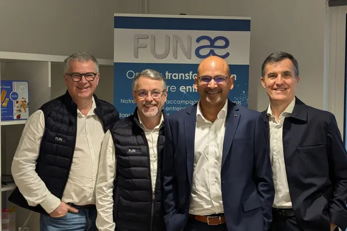 De gauche à droite: Emmanuel Bélaud, Emmanuel Descloux, Melvin Dyèvre (associés) et Jacques Renault, fondateur et associé de Funae.