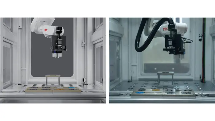 ABB Robotics RobotStudio HyperReality (à gauche) comparé à une image réelle de la même cellule 