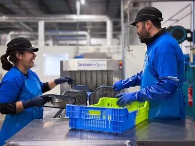 En entrée et sortie de lignes, la manutention des emballages se fait manuellement par deux opérate