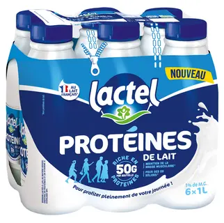 Lactel sort une gamme de lait UHT enrichie en protéines (50 g/L). Elle comprend des formats en 1 L,